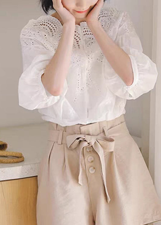 Unique White Hollow Out Shirts Puff Sleeve
