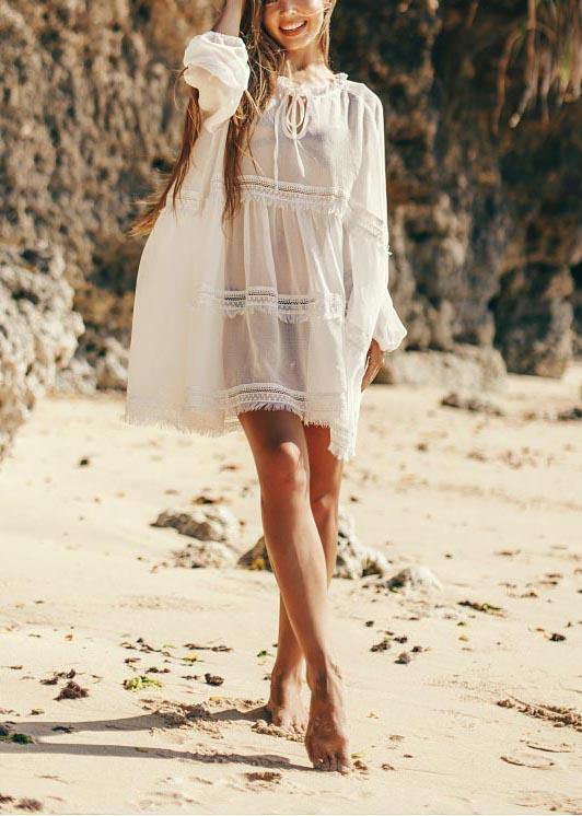 Unique White Patchwork Hollow Out Beach Gown Robe Chiffon Dress - SooLinen