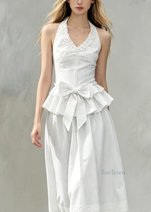 Unique White Striped Ruffled Bow Patchwork Cotton Two Pieces Set Summer