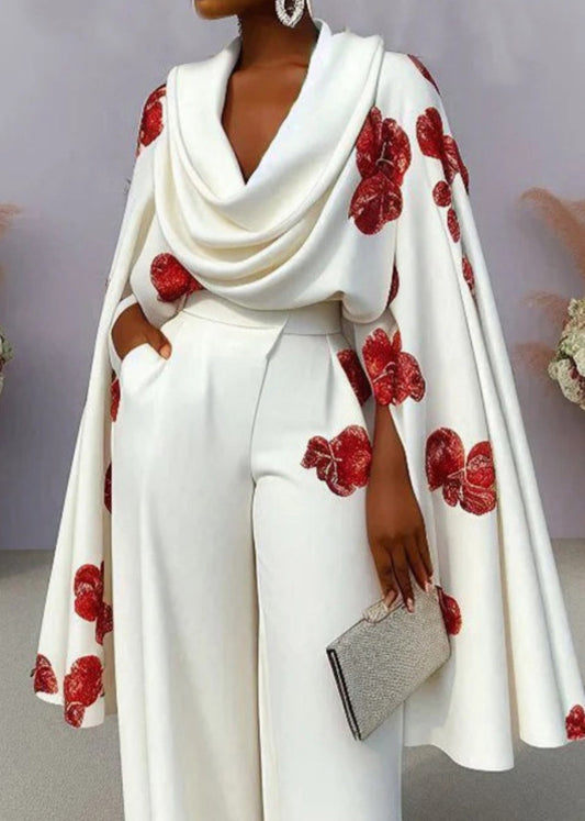 Unique White Turtle Neck Print Cotton Tops Cloak Sleeves