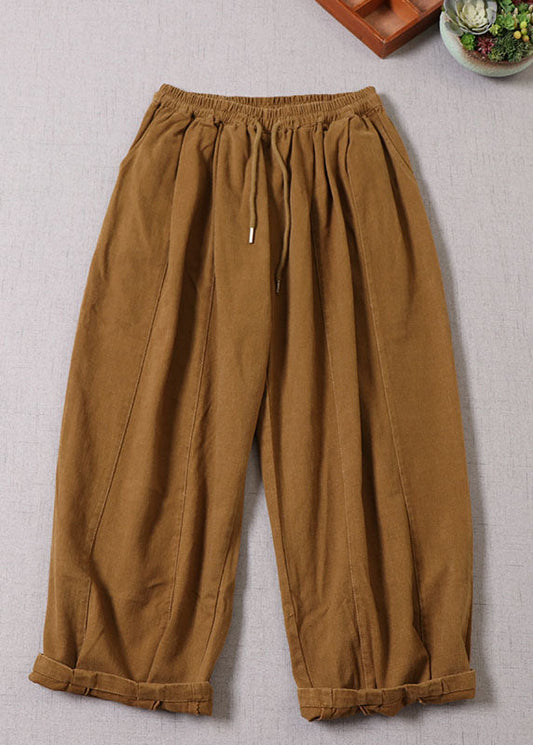 Einzigartige gelbe Patchwork-Baumwollhose mit Gürtel Frühling