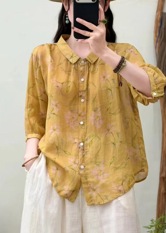 Unique Yellow Oversized Print Linen Top Half Sleeve