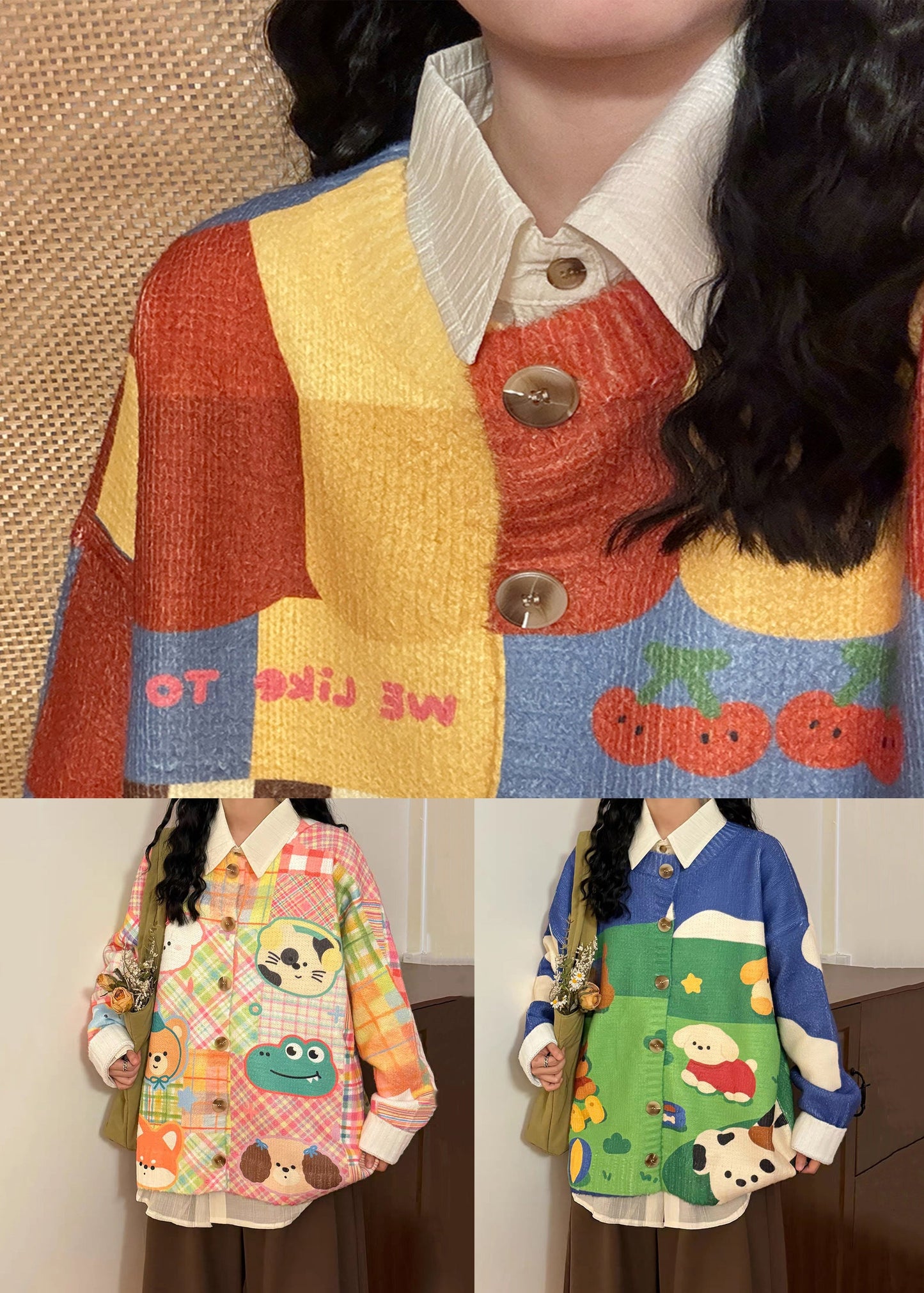 Unique Yellow Plaid Print Patchwork Knit Sweater Spring