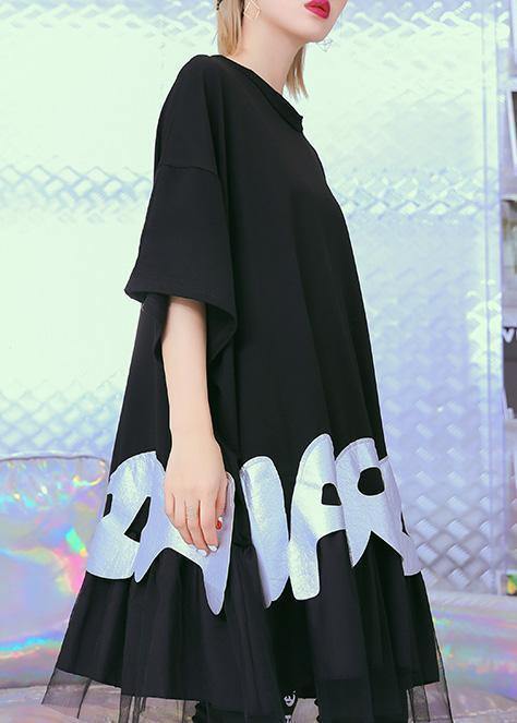 Unique black cotton tunic pattern gray alphabet prints baggy summer tops - SooLinen