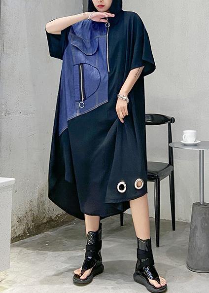 Unique black cotton tunics for women lapel patchwork Maxi Dress - SooLinen