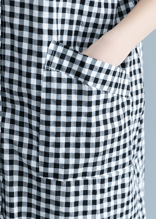 Einzigartige schwarz weiß karierte Baumwoll-Leinen-Hemden für Damen, stylische Reverstaschen, übergroße Sommerhemden