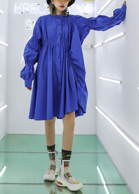 Unique blue Cotton clothes Cinched short fall shirt Dress - SooLinen