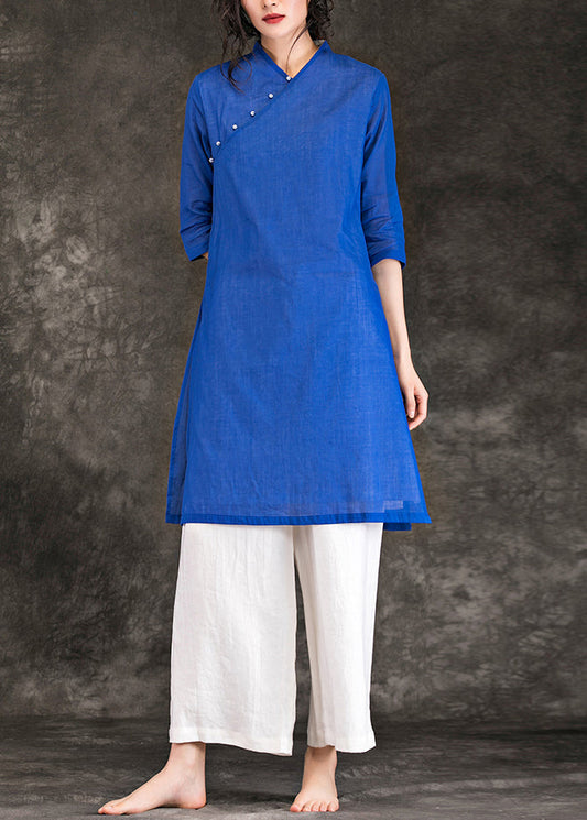 Einzigartige blaue Leinenroben mit V-Ausschnitt, Dreiviertelärmel, Sommerkleider