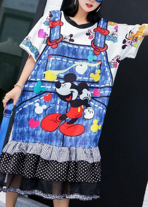 Unique blue prints Cotton tunic dress ruffles hem daily summer Dresses - SooLinen