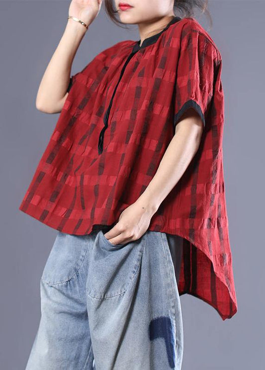 Unique cotton box top Plus Size Irregular Plaid Loose Short Sleeve Blouse - SooLinen