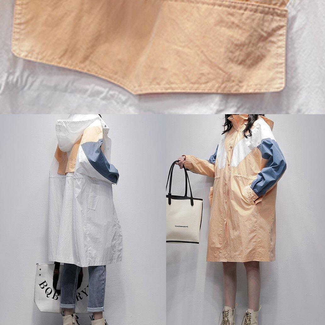 Unique hooded zippered Fine patchwork tunics for women white Dresses coat - SooLinen