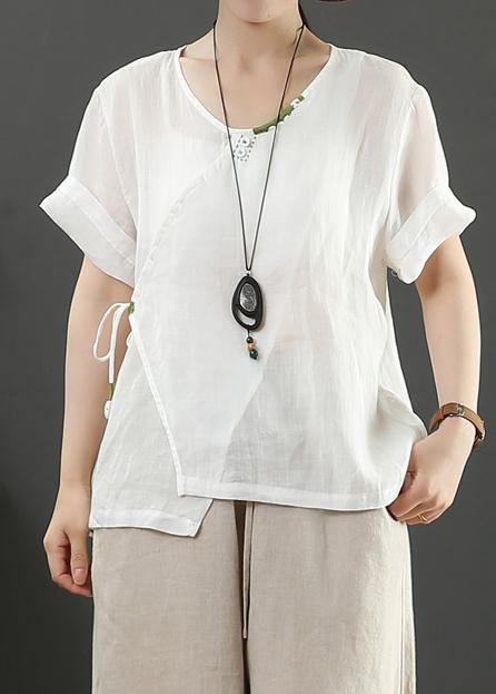 Unique navy linen Blouse o neck Button Down Midi tops - SooLinen