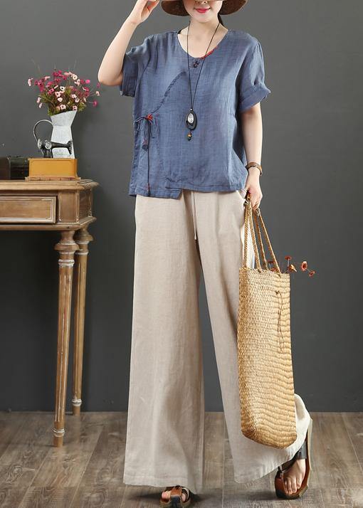 Unique navy linen Blouse o neck Button Down Midi tops - SooLinen