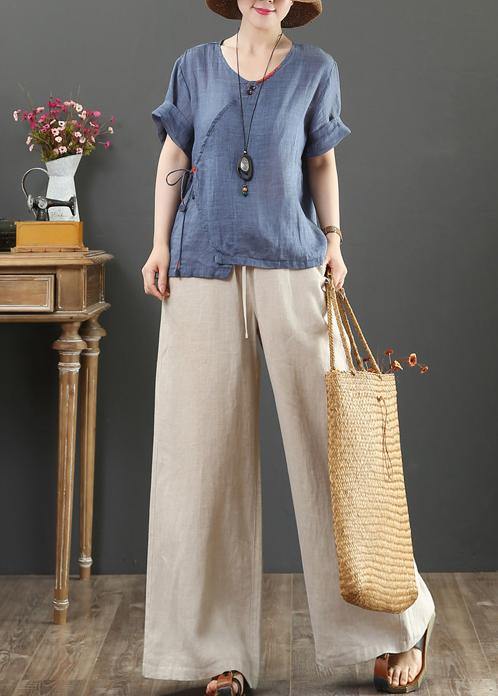 Unique navy linen Blouse o neck Button Down Midi tops - SooLinen