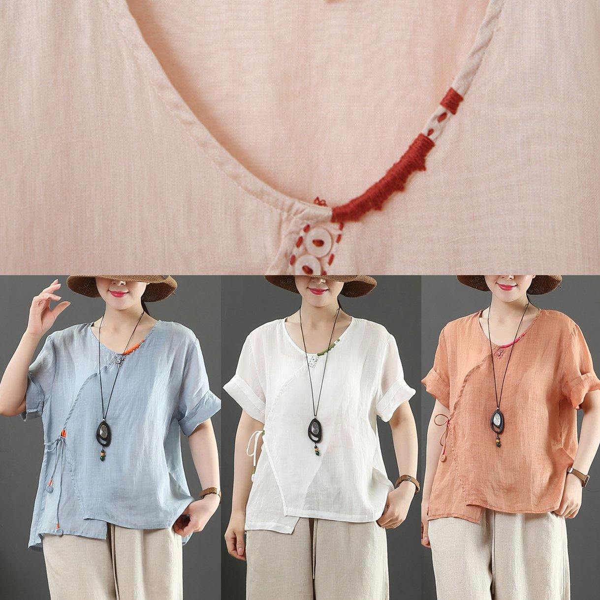 Unique navy linen Blouse o neck Button Down Midi tops - SooLinen