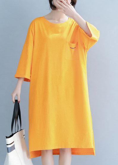 Unique o neck half sleeve Cotton Tunics design orange Dresses - SooLinen