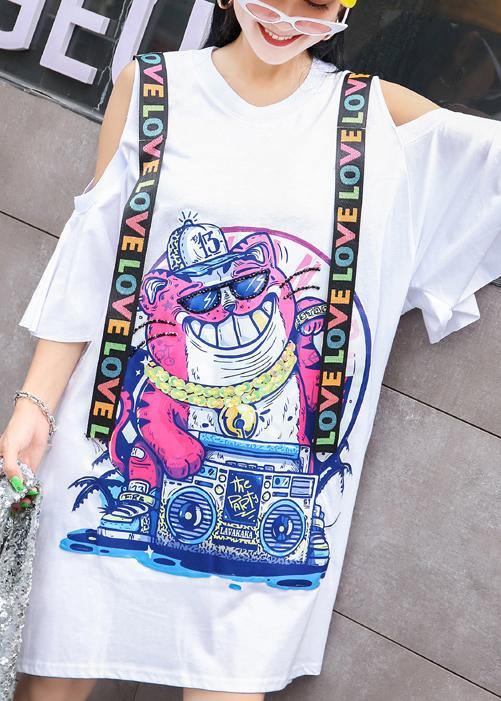 Unique off the shoulder Cotton clothes Women Shape white prints Dress summer - SooLinen