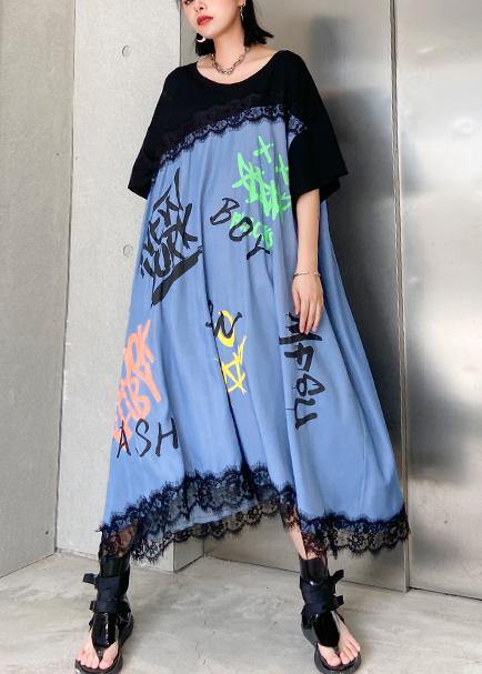 Unique patchwork lace cotton clothes Women Wardrobes black Letter loose Dress - SooLinen