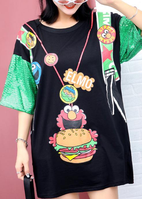 Unique prints cotton Blouse Sewing black o neck blouses summer - SooLinen