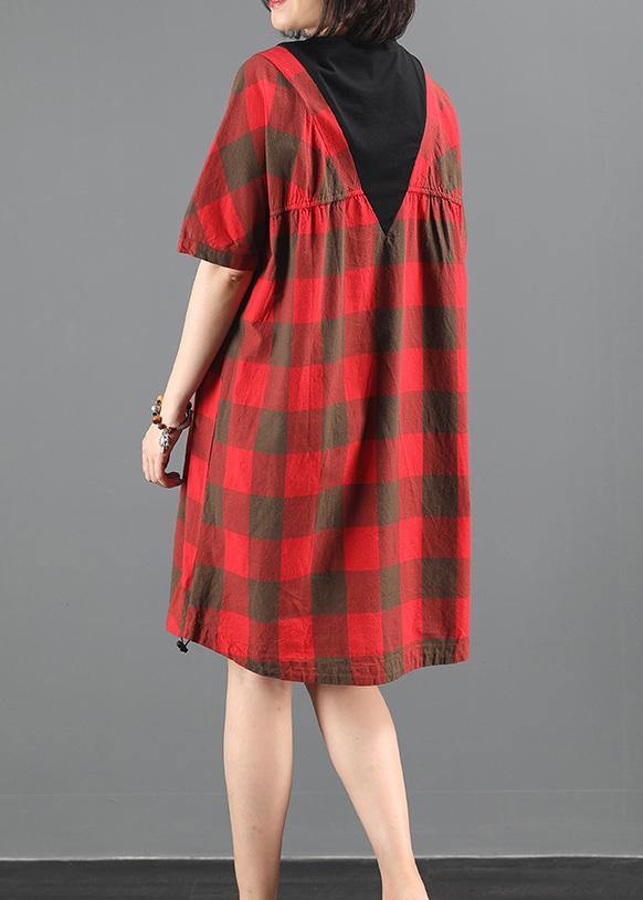 Unique red plaid tunic dresso neck patchwork A Line summer Dresses - SooLinen