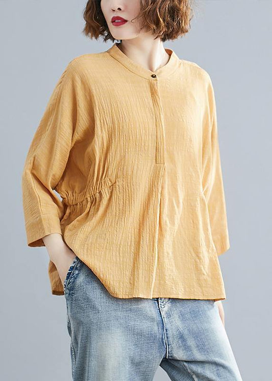 Unique stand collar Batwing Sleeve cotton tunics for women Shirts yellow blouse - SooLinen