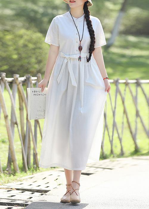 Unique stand collar linen cotton dress Sewing white Traveling Dress summer - SooLinen