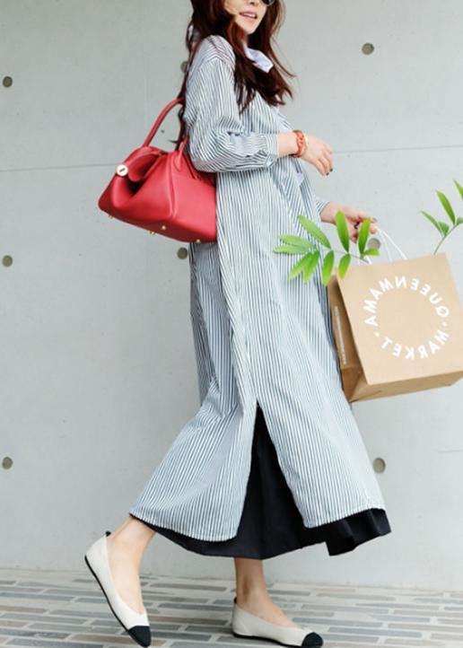 Unique striped cotton Tunics Ruffled asymmetric Maxi Dress - SooLinen