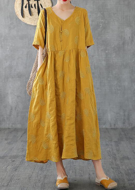 Unique v neck embroidery linen Robes Runway yellow Dress - SooLinen