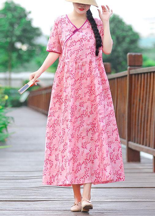 Unique v neck pockets cotton linen quilting clothes linen pink print Dress summer - SooLinen