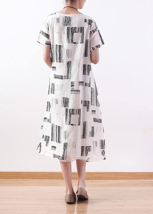 Unique white prints silk linen Robes tie waist cotton summer Dress - SooLinen