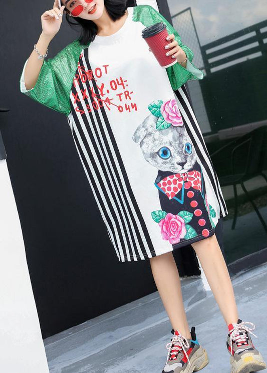 Unique white short sleeve cotton Long Shirts prints Maxi Dress - SooLinen