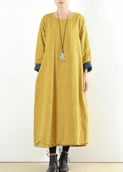 Unique yellow cotton clothes Women thick warm Maxi o neck Dresses - SooLinen