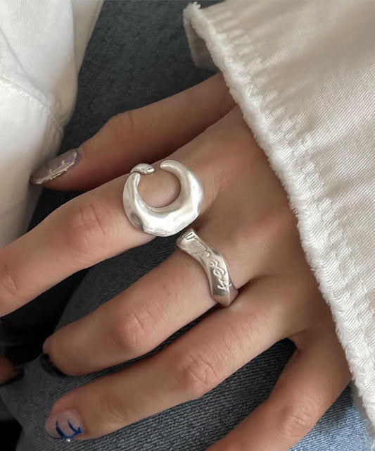 Vintage 925 Silver Graphic Moon Rings Two Piece Set