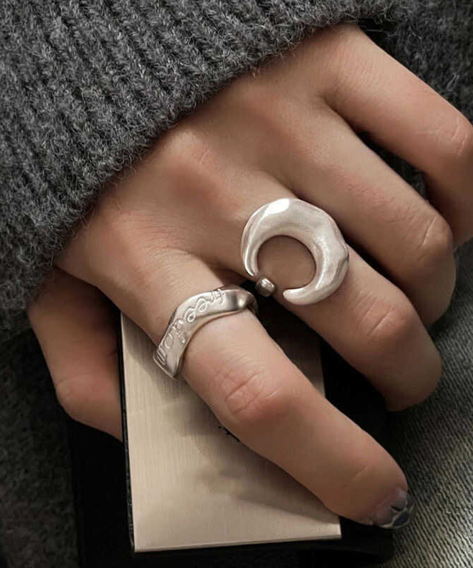 Vintage 925 Silver Graphic Moon Rings Two Piece Set