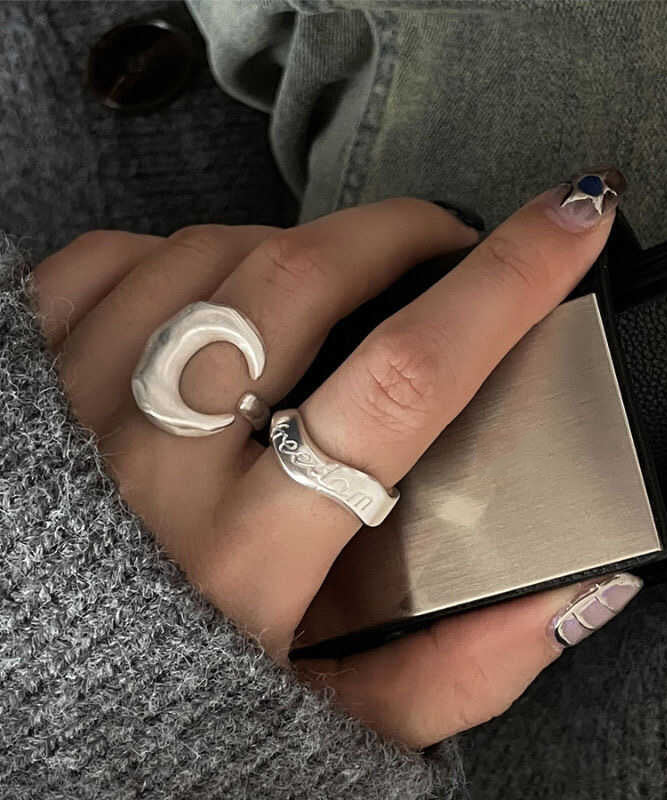 Vintage 925 Silver Graphic Moon Rings Two Piece Set
