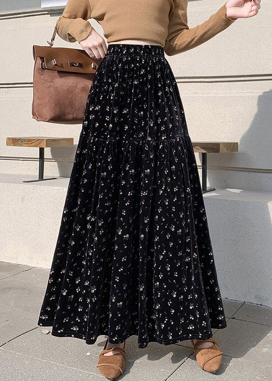 Vintage Aprikosenmuster, knitterfreier Samtrock mit hohem Bund