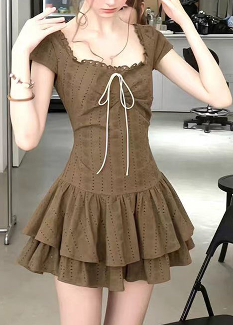 Vintage Army Green Square Collar Layered Cotton Mini Dress Short Sleeve