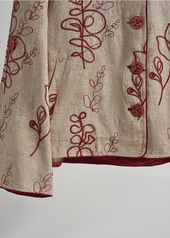 Abrigos de lino vintage con bolsillos bordados en beige para primavera