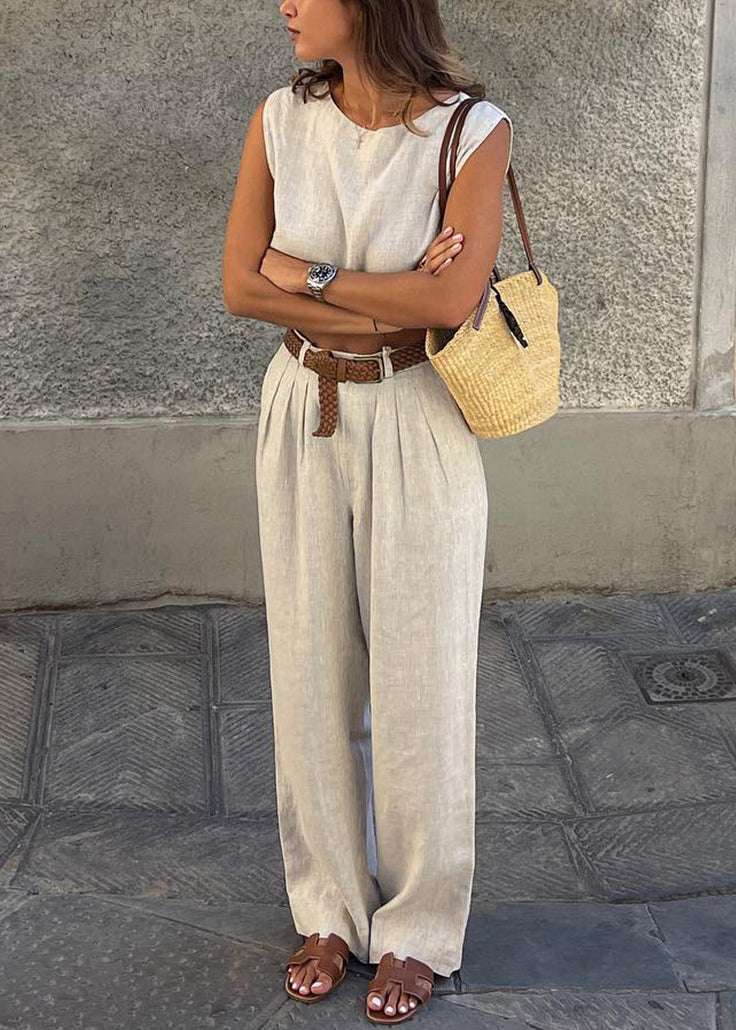 Vintage Beige Linen Vests And Wide Leg Pants Two-Piece Set Sleeveless