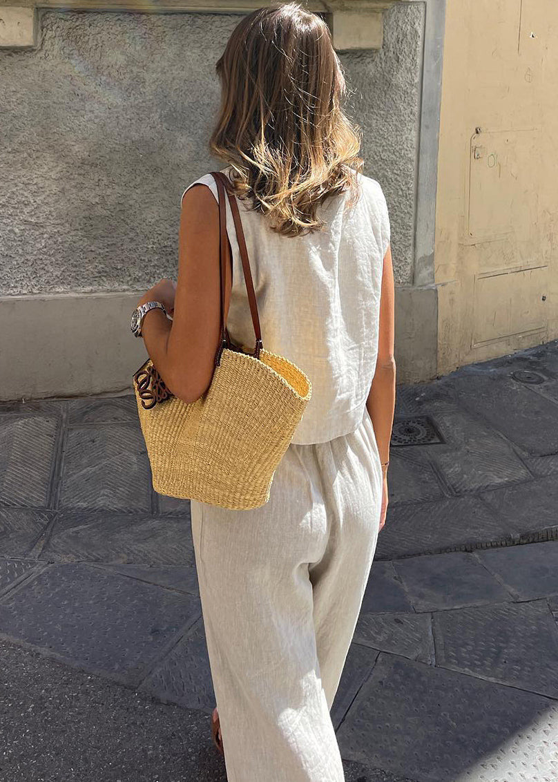 Vintage Beige Linen Vests And Wide Leg Pants Two-Piece Set Sleeveless