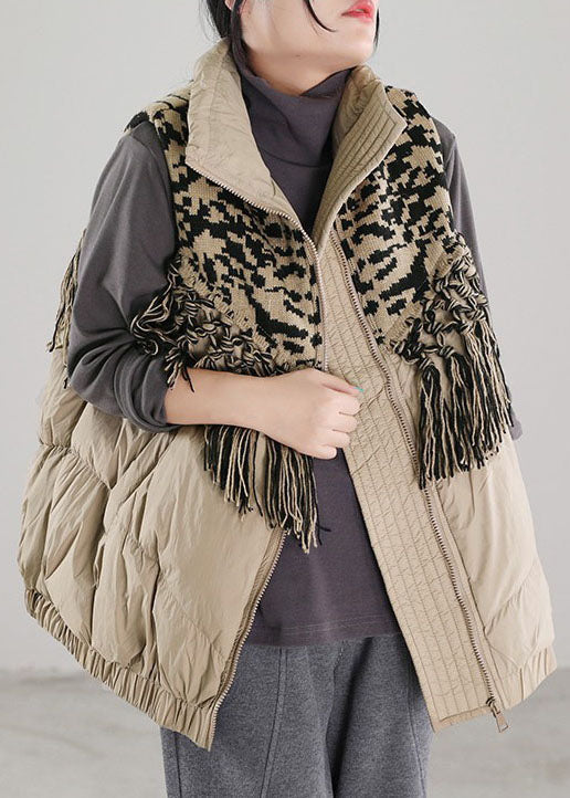 Vintage Beige Quasten Patchwork Entendaunen Winter Daunenweste