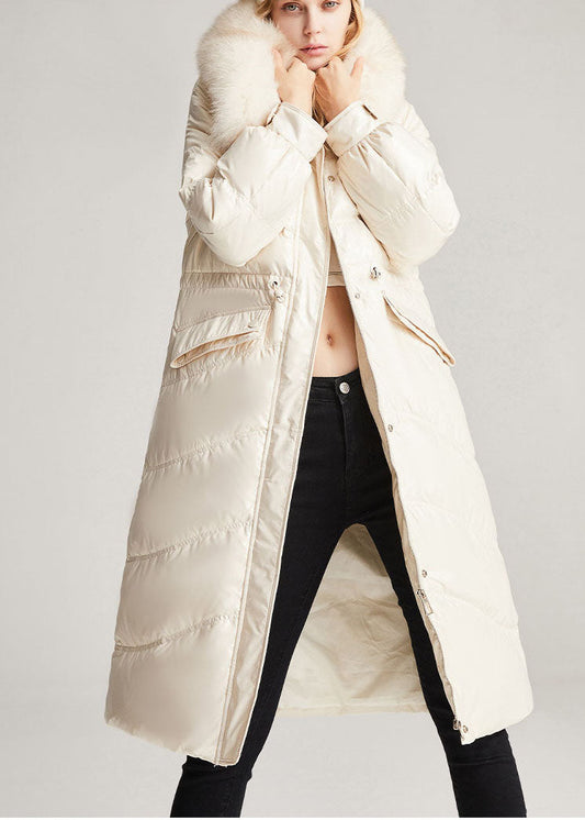 Vintage Beige White Fox collar drawstring Pockets slim fit Winter Duck Down Jackets