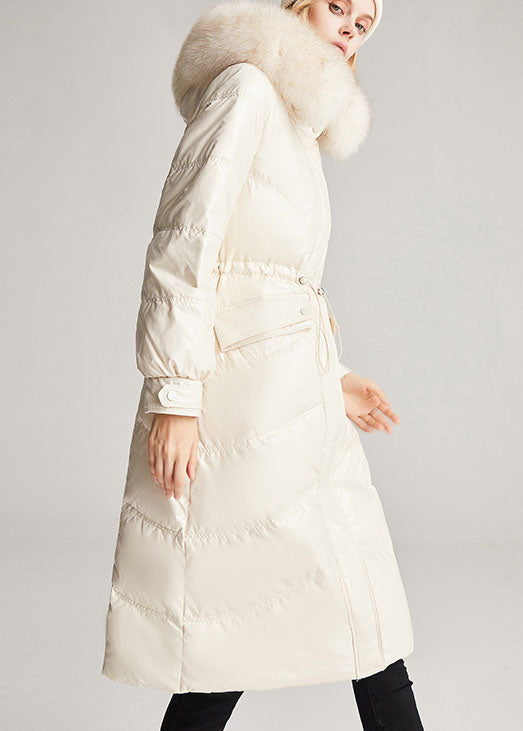 Vintage Beige Weißfuchskragen Kordelzug Taschen Slim Fit Winter Entendaunenjacken