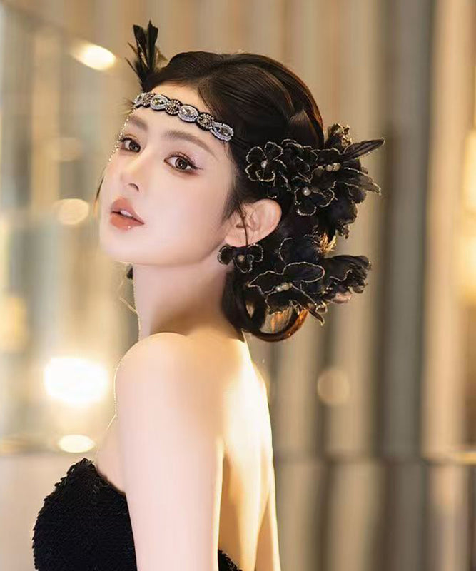 Vintage Black Alloy Zircon Feather Tassel HairPiece