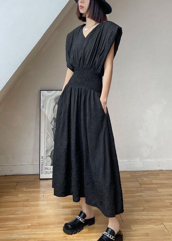 Vintage Black Cinched V Neck Sleeveless Summer Maxi Dresses - SooLinen
