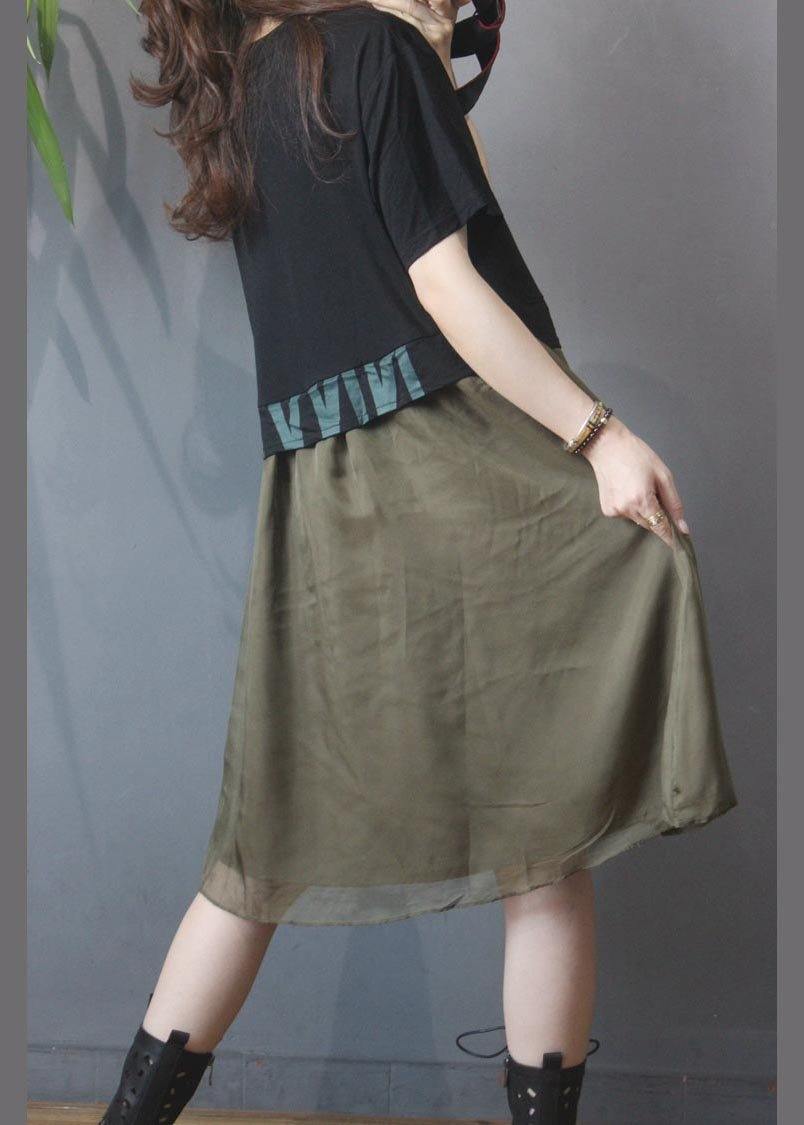 Vintage Black Graphic Patchwork Green Dress Summer - SooLinen