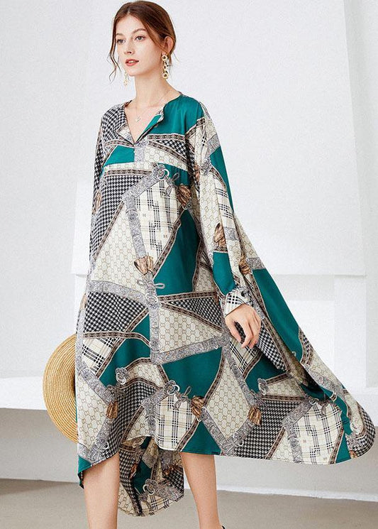 Vintage Black Green V Neck Print Fall Long Dresses - SooLinen