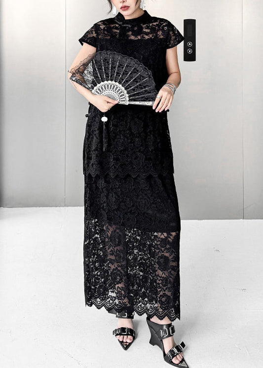 Vintage Black Hollow Out Chinese Button Lace Two Pieces Set Summer