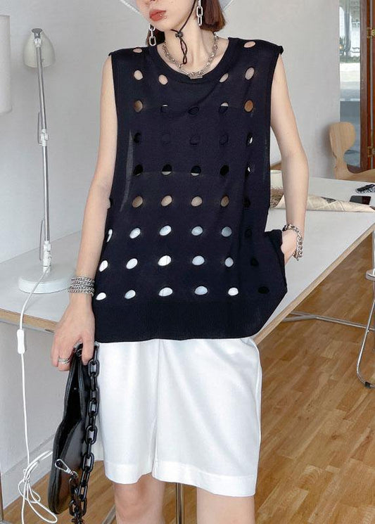 Vintage Black O Neck Hole Beach Cotton Vest - SooLinen