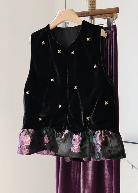 Vintage schwarze Patchwork-Seidenveloursweste mit Rundhalsausschnitt, ärmellos